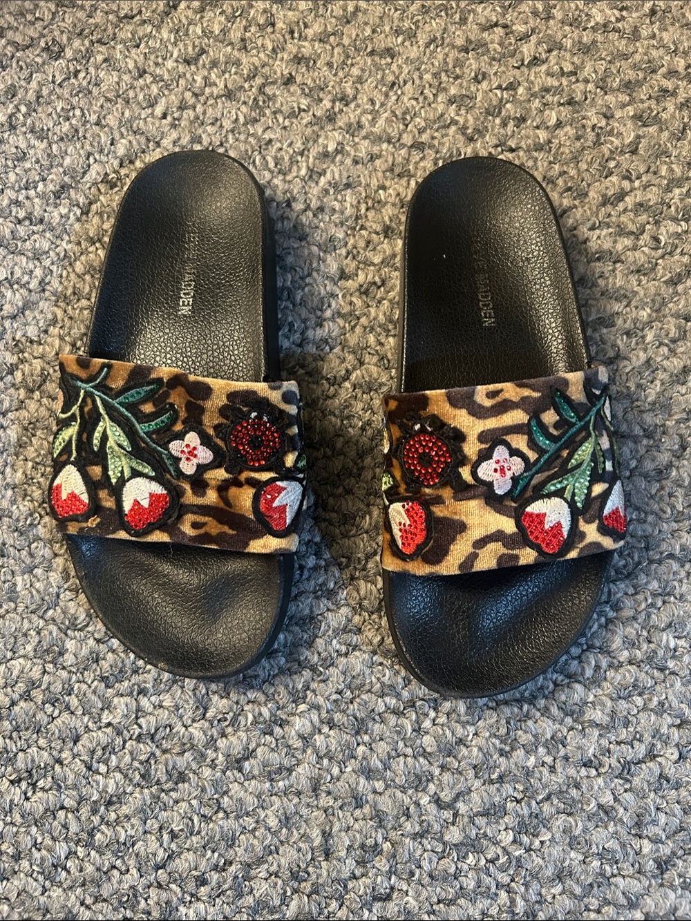 Steven By Steve Madden Leopard Embroidered Slide Sandals - Black / Brown / Red